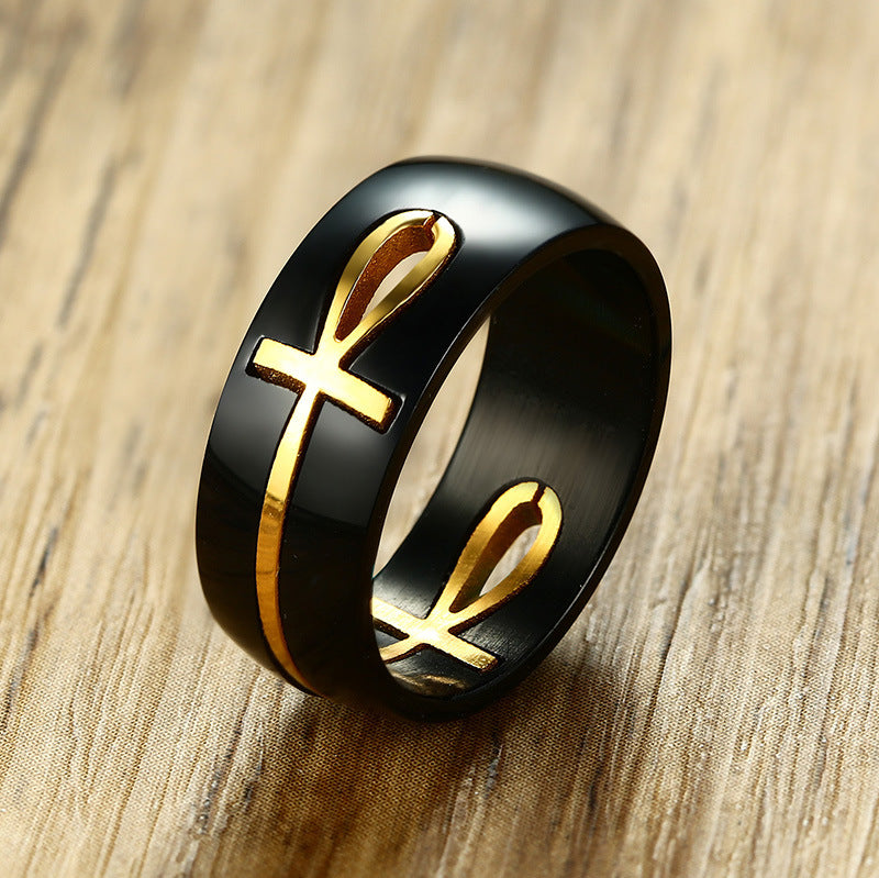 Ankh Egyptian Cross Ring – Black & Gold Stainless Steel – view 3