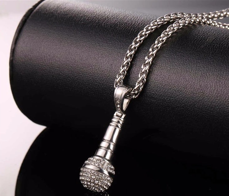 Microphone Pendant Iced Out Necklace – 18K Gold Plated Steel