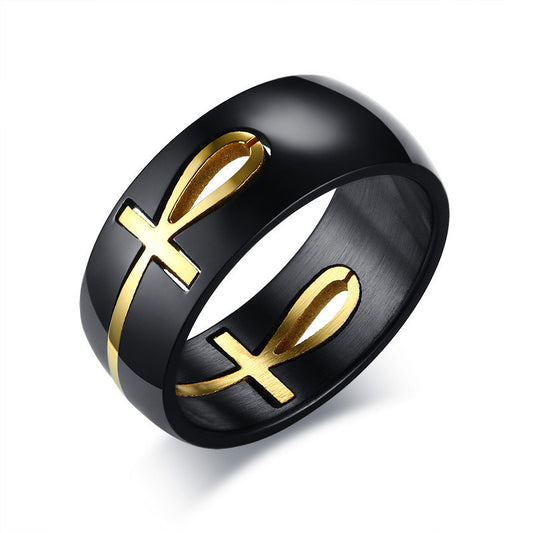 Ankh Egyptian Cross Ring – Black & Gold Stainless Steel