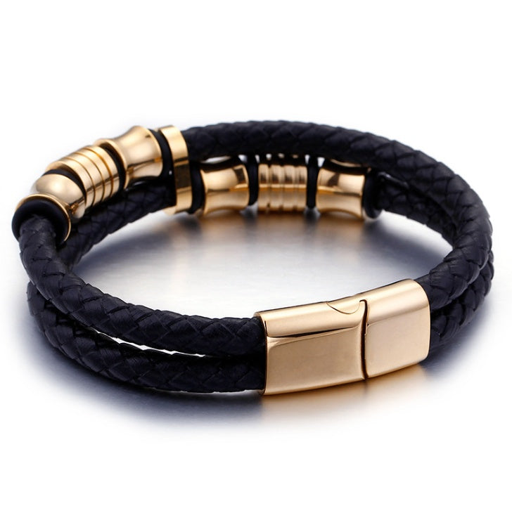 Men's Leather Wrap Bracelet – Gold Steel, Magnet Clasp – view 5