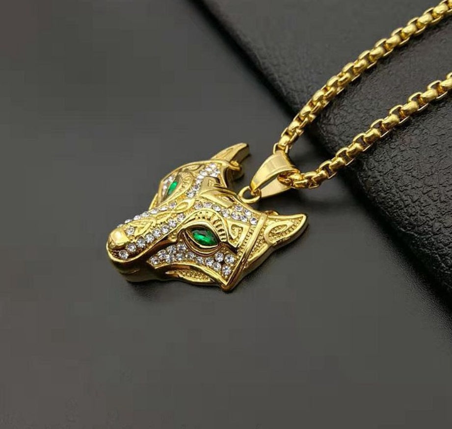 Viking Wolf Head Pendant Necklace – Gold Stainless Steel – view 2
