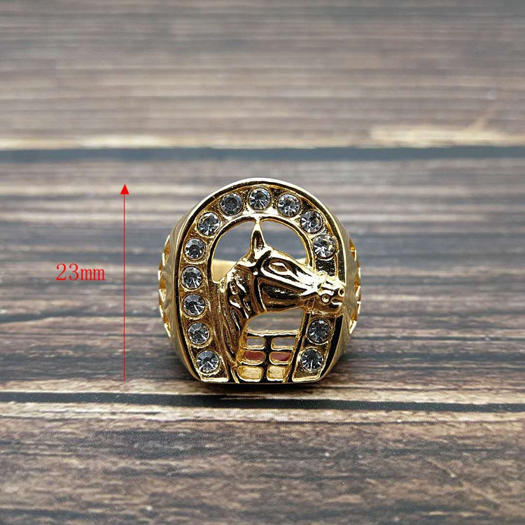 Titanium Steel Gold Plated Diamond Horse Head Ring For Men – view 2