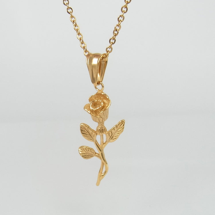 Gold Rose & Cross Pendant Necklace – Stainless Steel – view 6