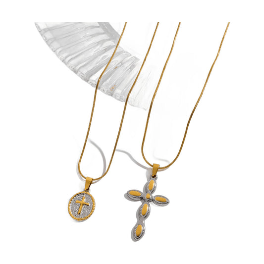 Stainless Steel Double-color Cross Pendant Necklace