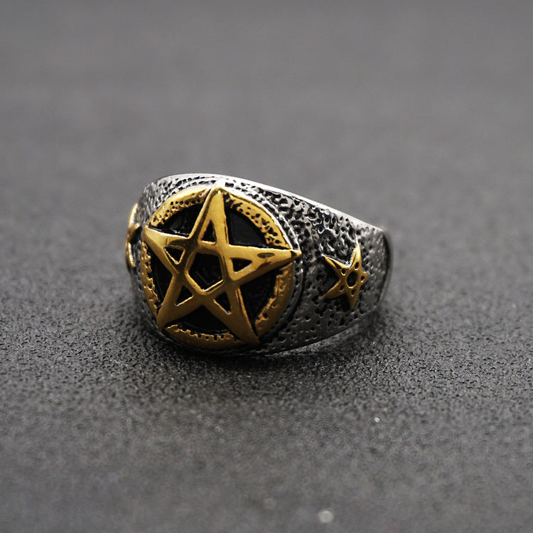 Pentagram star male gold ring titanium steel ring – view 4