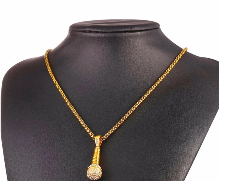 Microphone Pendant Iced Out Necklace – 18K Gold Plated Steel – view 5