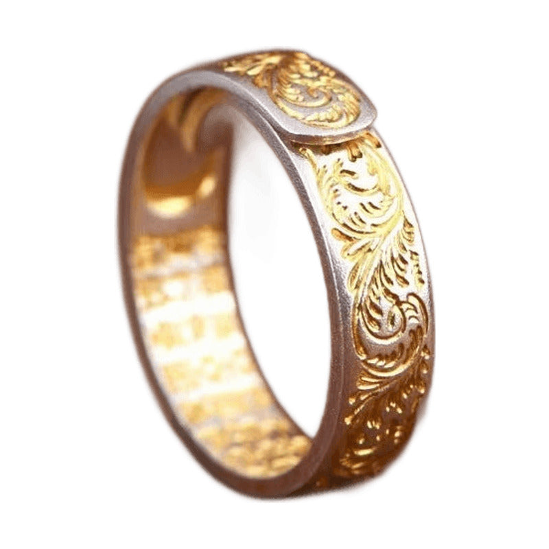 Tang Grass Pattern Adjustable Ring – 999 Fine Silver with Gold Trim