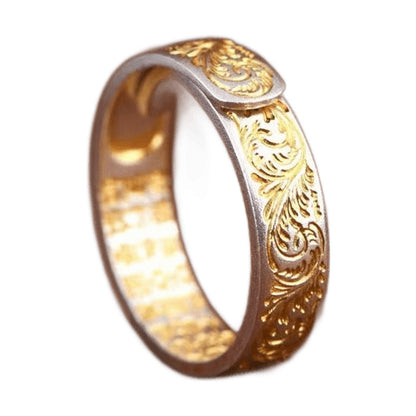 Tang Grass Pattern Adjustable Ring – 999 Fine Silver with Gold Trim