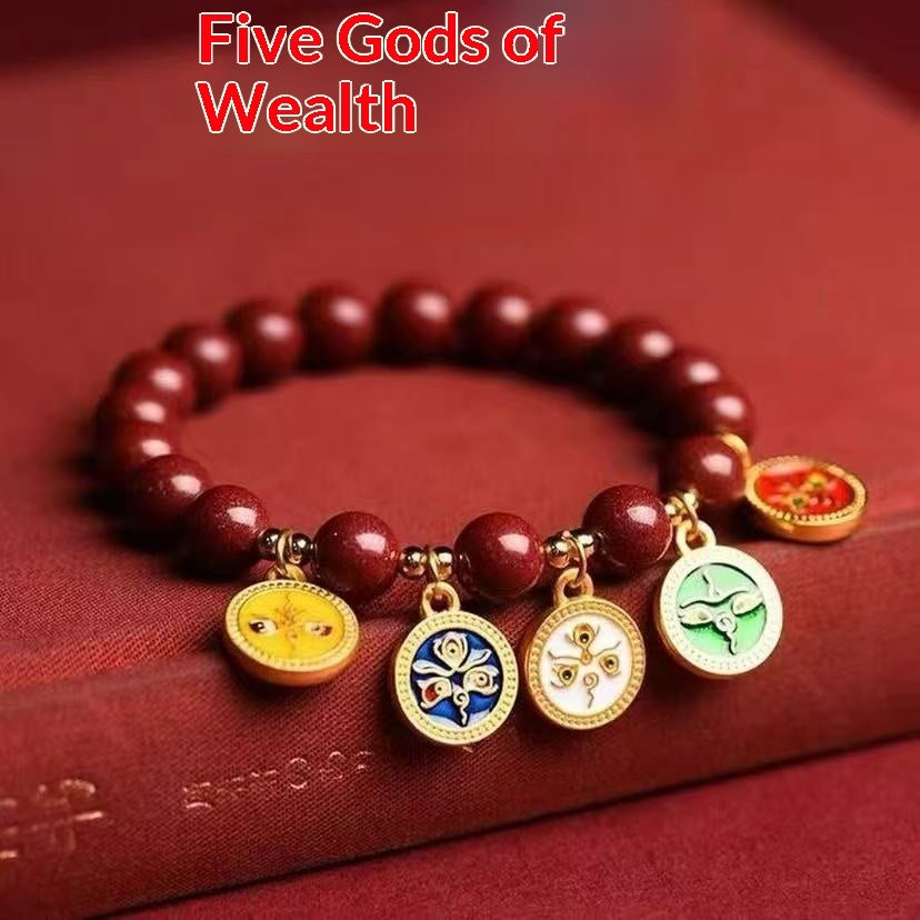 Cinnabar Five-Road Wealth God Plain-circle Bracelet With Crystals