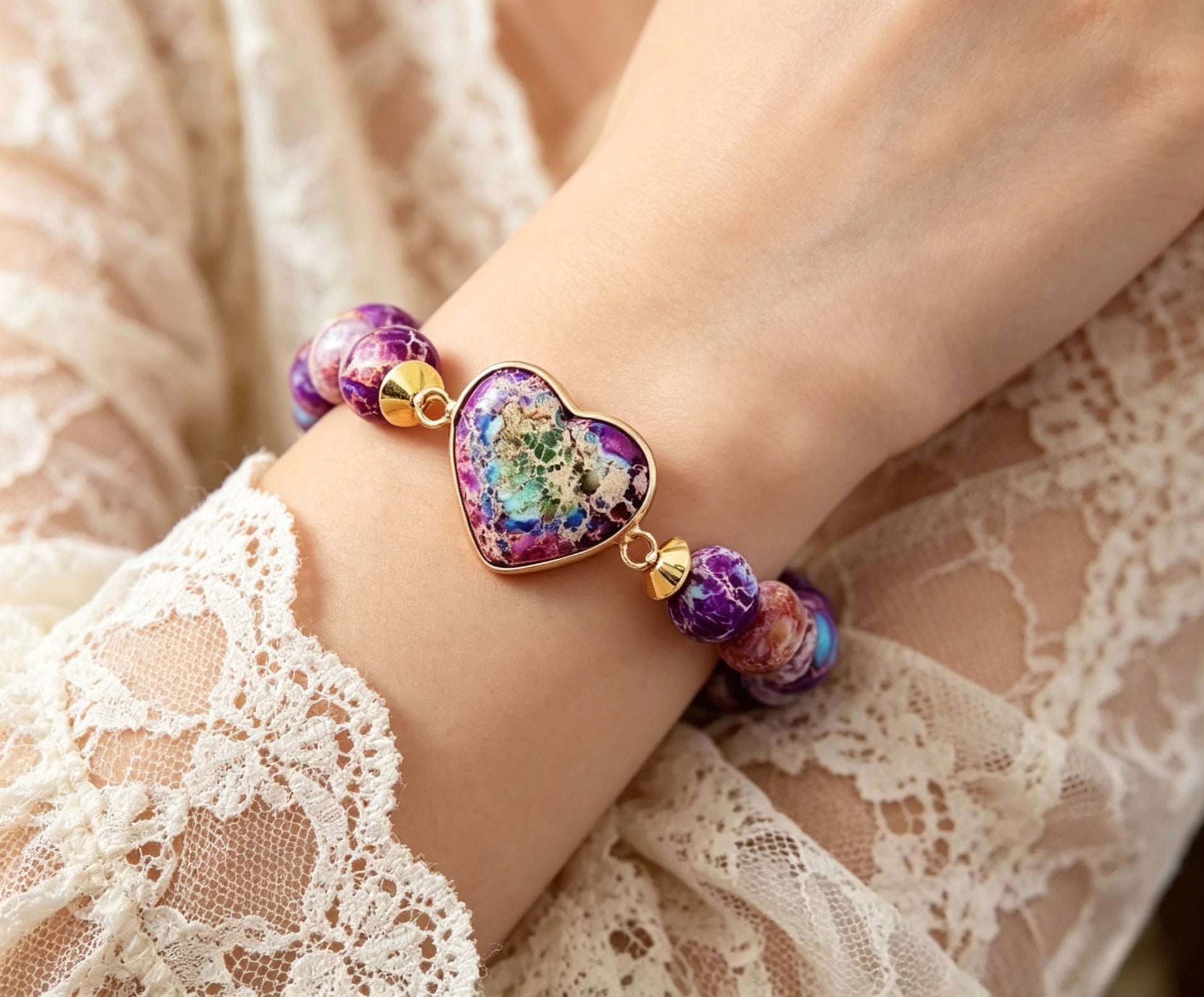 Heart Double-Layer Woven Bracelet – Natural Stone, Adjustable – view 6