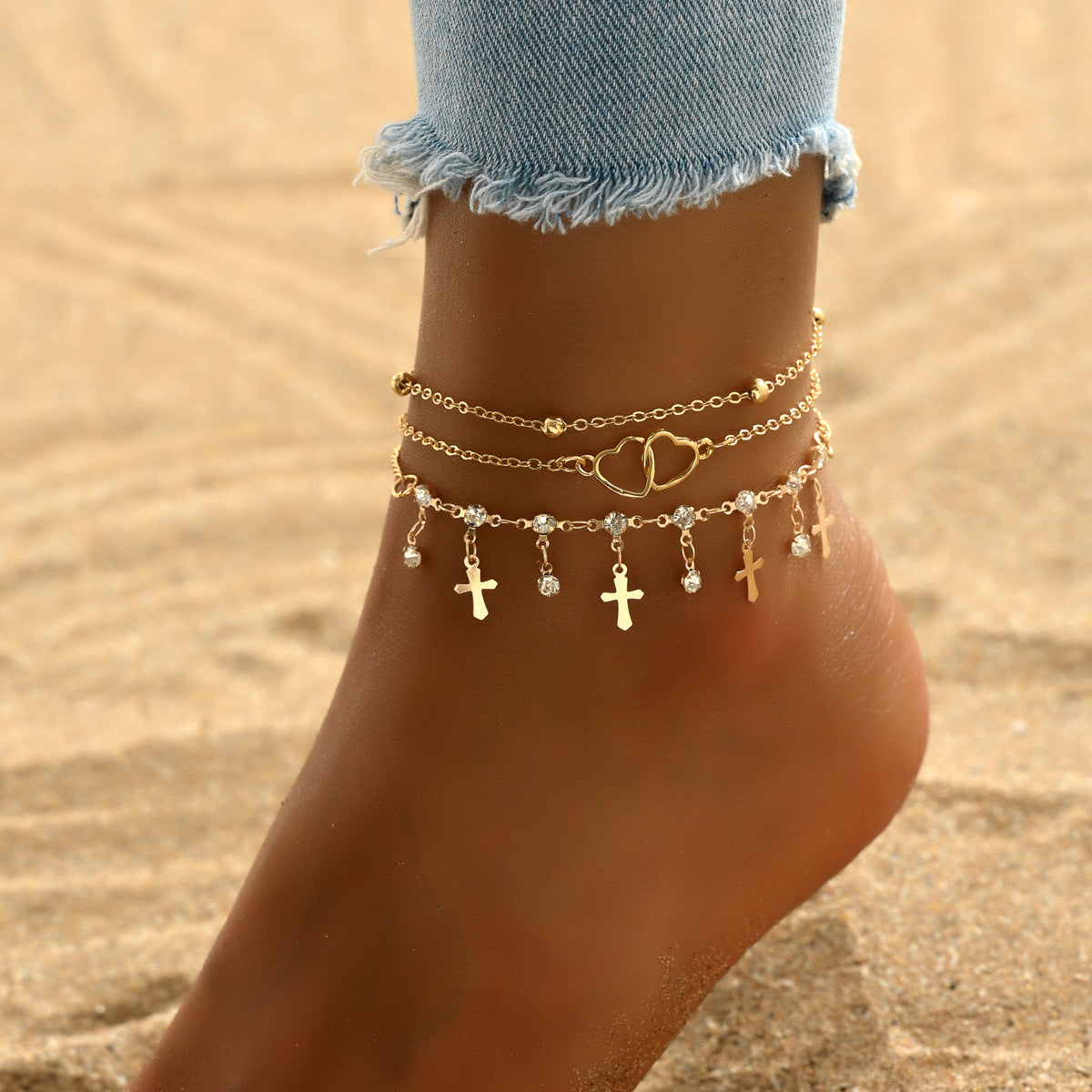 Bohemian-style Cross And Double-heart Multi-layer Anklet – view 2