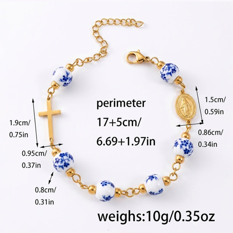 Ceramic Bead Rosary Bracelet – 18K Gold Plated, Virgin Mary Medal – view 2