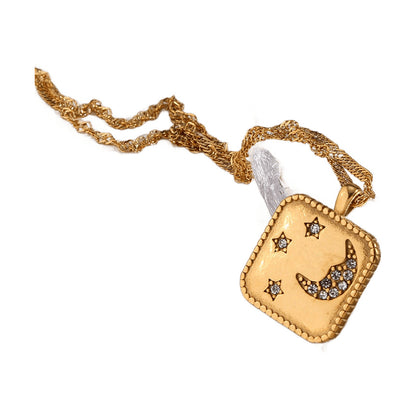 Zircon Star and Moon Tag Necklace – 18K Gold-Plated
