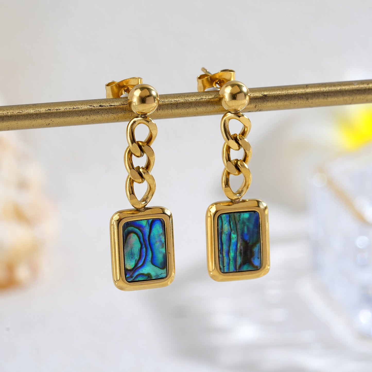 Affordable Luxury Abalone Shell Shaped Earrings With A Chain – view 2