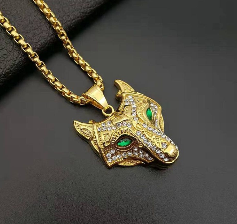 Viking Wolf Head Pendant Necklace – Gold Stainless Steel – view 4
