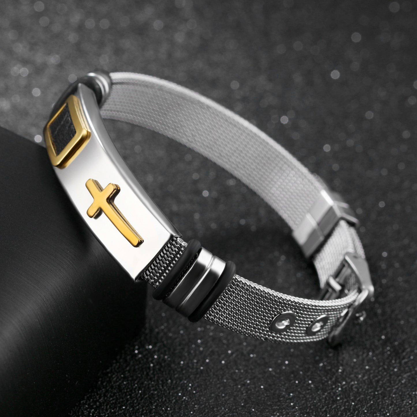 Gold Cross Mesh Bracelet – Titanium Steel – view 3