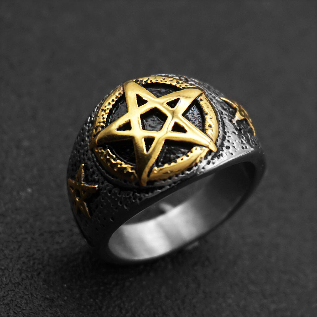 Pentagram star male gold ring titanium steel ring – view 5