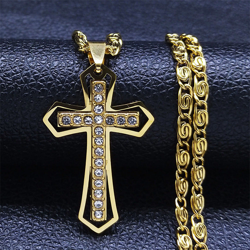 Crystal Pendant Men's Chain Necklace Gold Stainless Steel – view 6