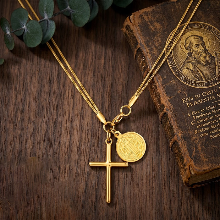 St Benedict Medal Cross Necklace – 18K Gold Plated Steel – view 6