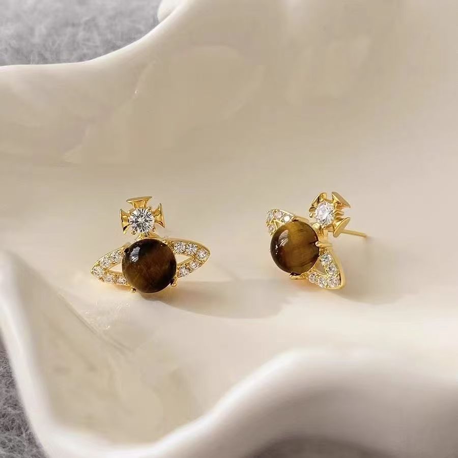 Saturn Stud Earrings – Tiger Eye Stone – view 3