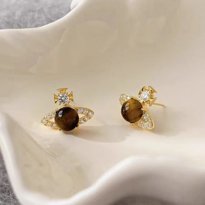 Saturn Stud Earrings – Tiger Eye Stone – view 3