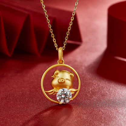 1ct moissanite Chinese zodiac pig necklace with gold-plated finish – view 4