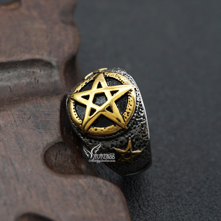 Pentagram star male gold ring titanium steel ring
