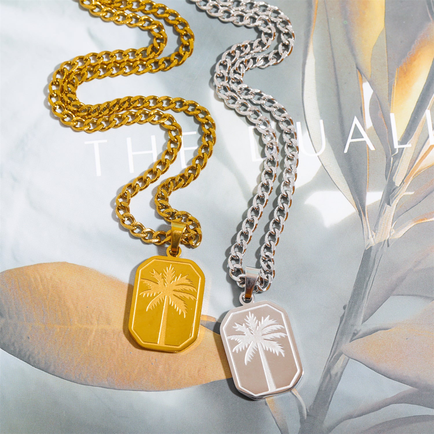Men's Titanium Steel Palm Leaf Square Dog Tag Pendant Necklace – view 2