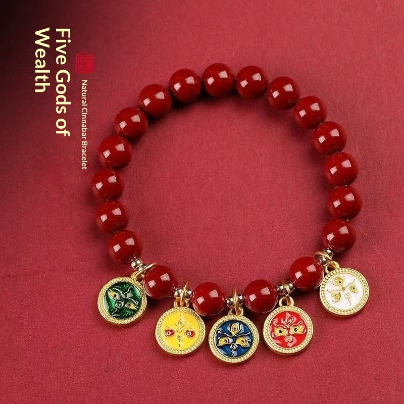 Cinnabar Five-Road Wealth God Plain-circle Bracelet With Crystals – view 2