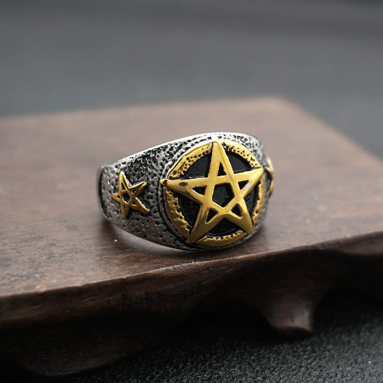 Pentagram star male gold ring titanium steel ring – view 3