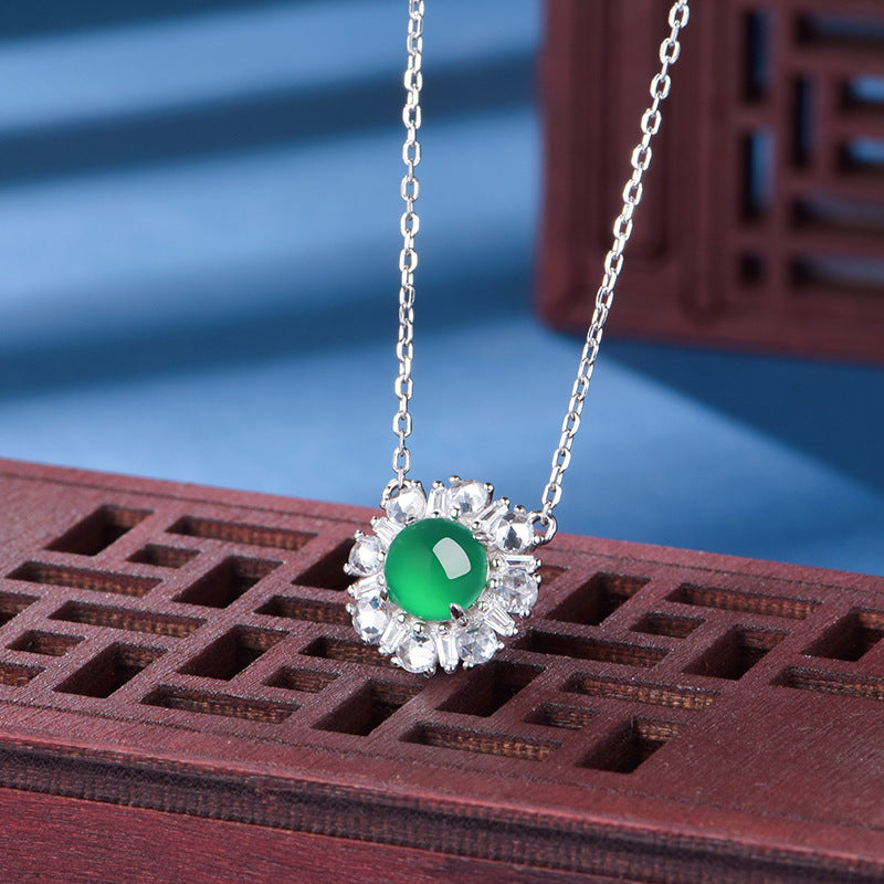 Green Chrysoprase Daisy Pendant Necklace – S925 Platinum Plated – view 5