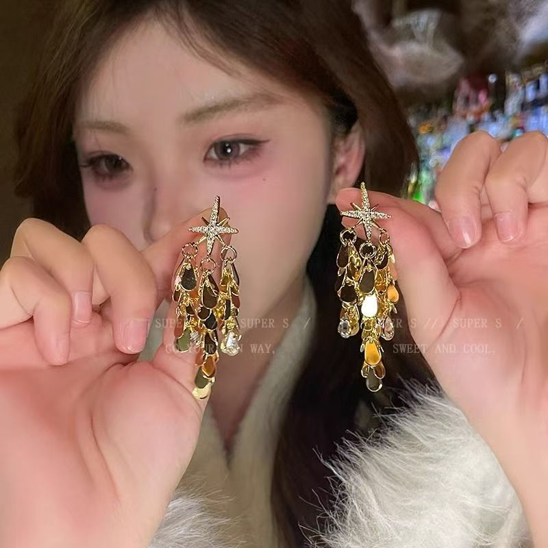 Gold Star Sequin Tassel Earrings – view 2