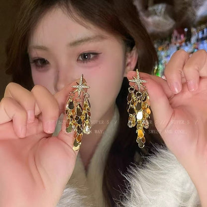 Gold Star Sequin Tassel Earrings – view 2
