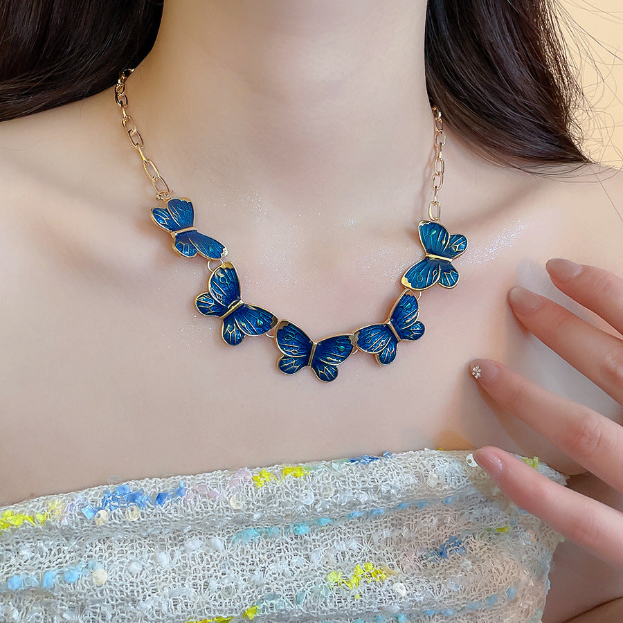 Blue Butterfly Necklace – French Style, Gold Tone