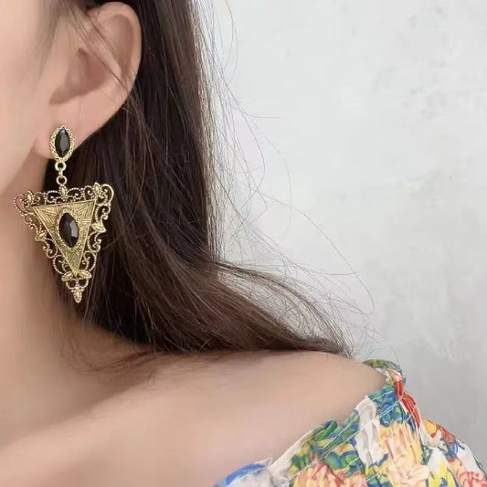 French Retro Black Rhinestone Triangle Dangle Earrings