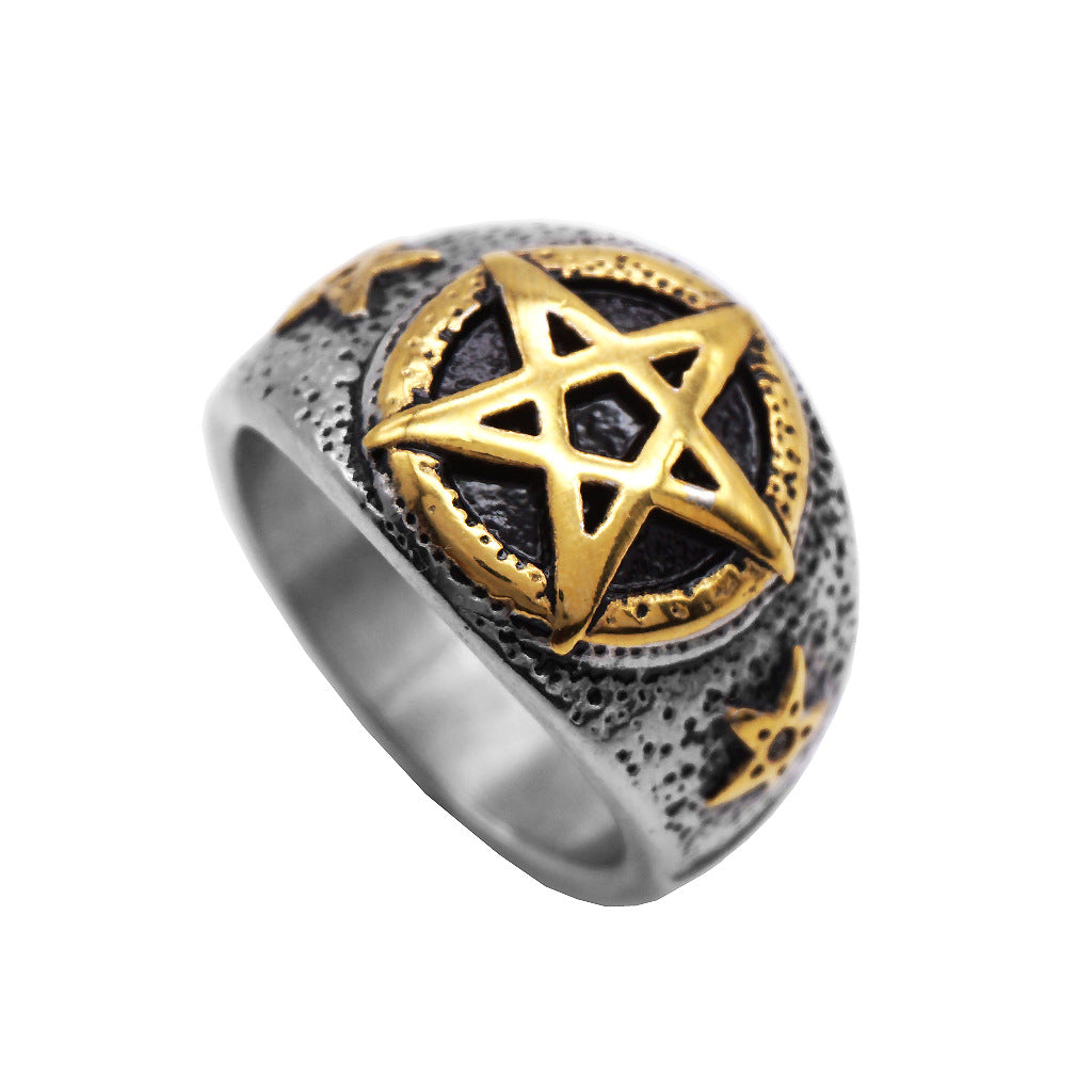 Pentagram star male gold ring titanium steel ring – view 2