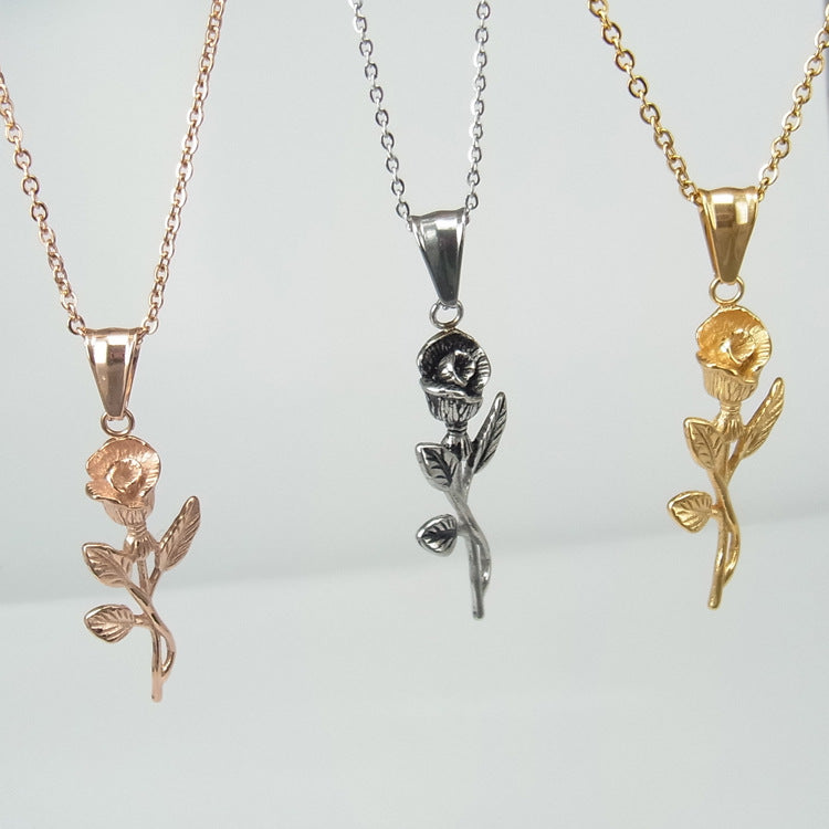 Gold Rose & Cross Pendant Necklace – Stainless Steel