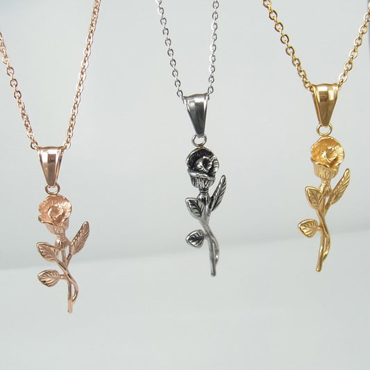 Gold Rose & Cross Pendant Necklace – Stainless Steel
