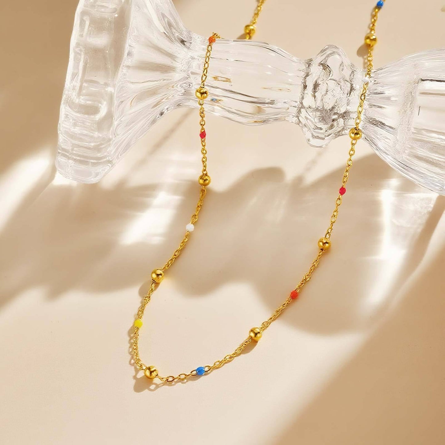 Designer-style Colorful Resin Spacer Bead Chain Round-bead Necklace In Gold – view 3