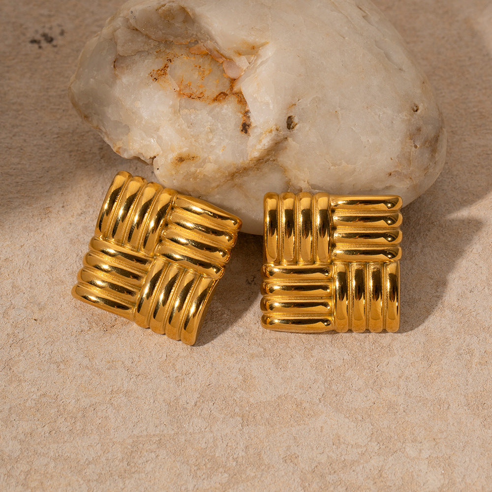 Fashion 18K Gold Stainless Steel Square Texture Stud Earrings – view 6