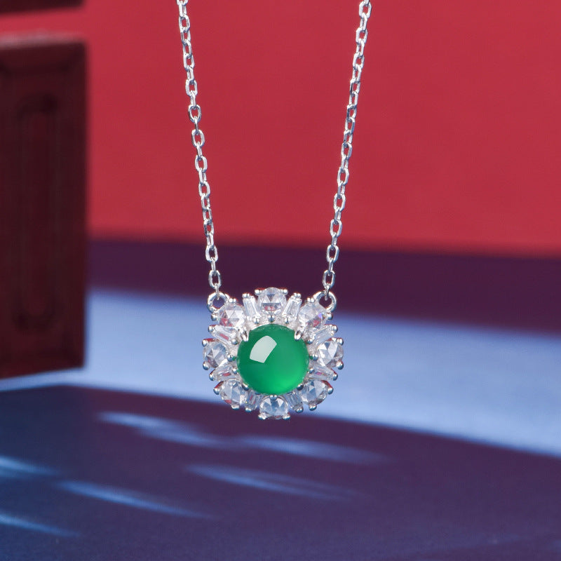 Green Chrysoprase Daisy Pendant Necklace – S925 Platinum Plated – view 4