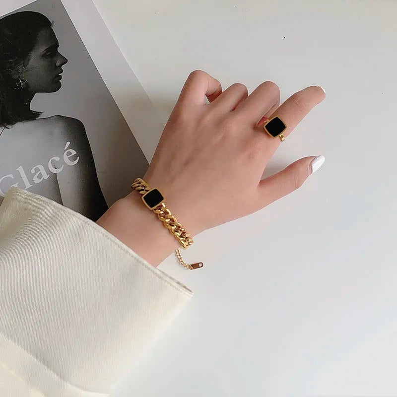 Square Black Ring – 18K Gold Titanium Steel, Unisex