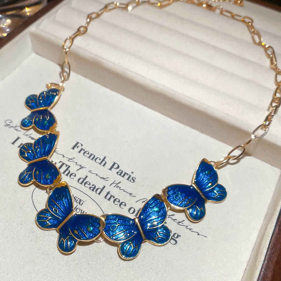 Blue Butterfly Necklace – French Style, Gold Tone – view 4