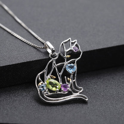Geometric gemstone pendant necklace with silver-tone chain