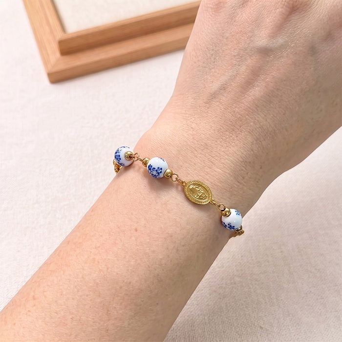 Ceramic Bead Rosary Bracelet – 18K Gold Plated, Virgin Mary Medal – view 3