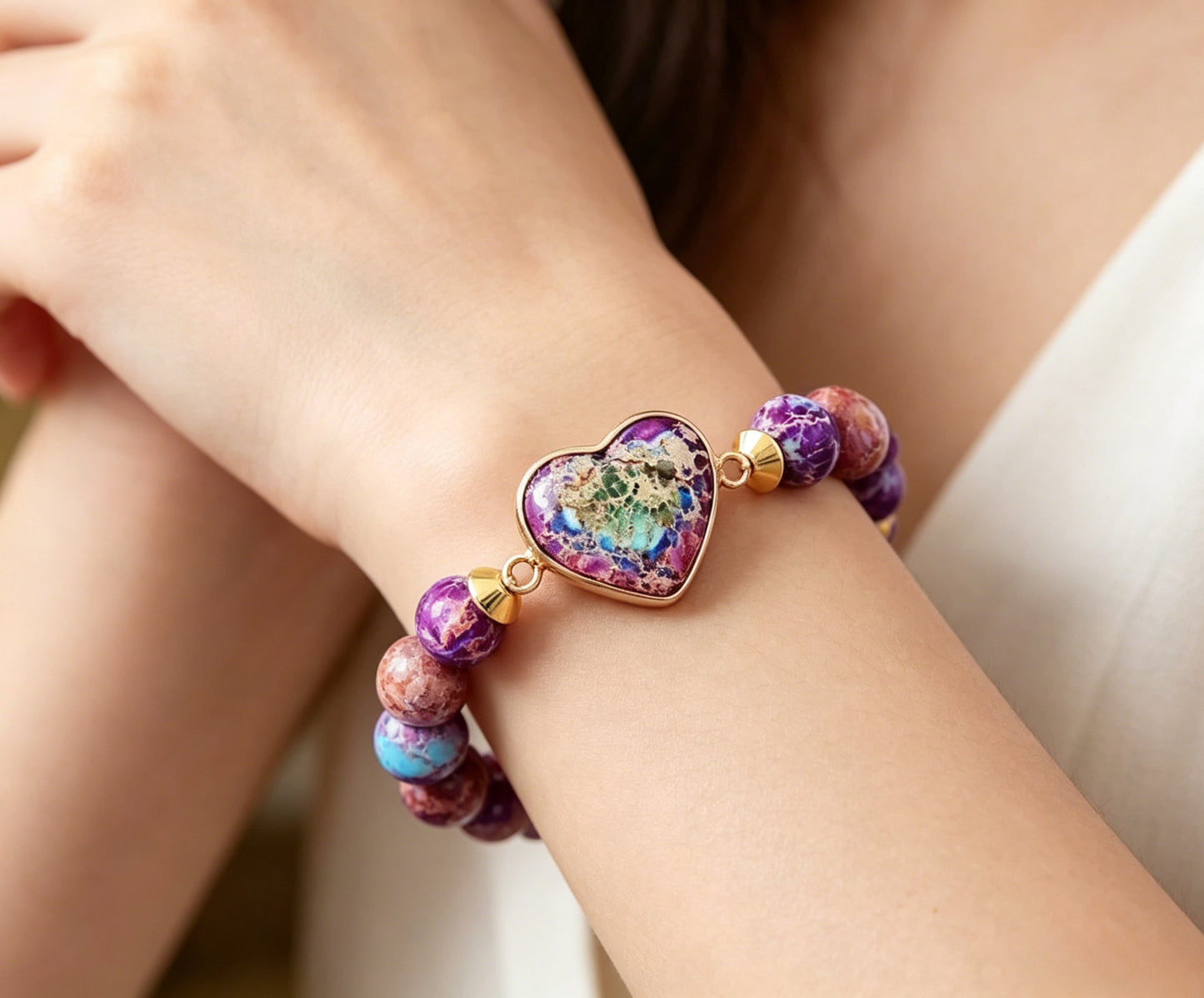 Heart Double-Layer Woven Bracelet – Natural Stone, Adjustable – view 5