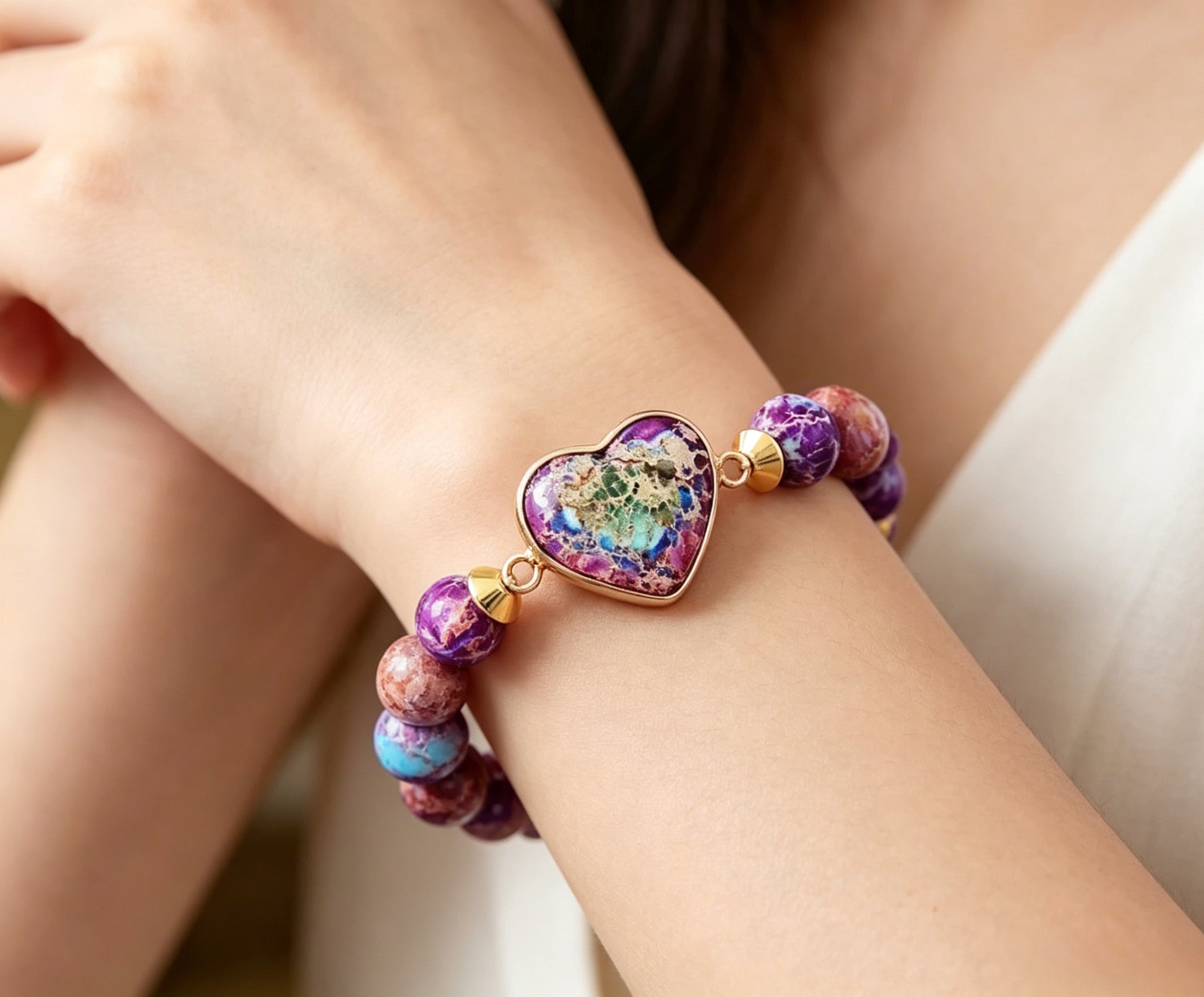 Heart Double-Layer Woven Bracelet – Natural Stone, Adjustable – view 5