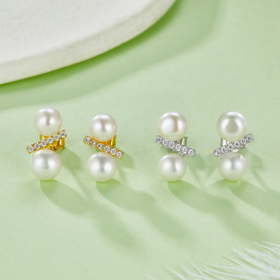 Freshwater pearl bar stud earrings in plated finish – view 6