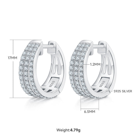 Triple Row Moissanite Huggie Hoops 17mm – S925 Platinum