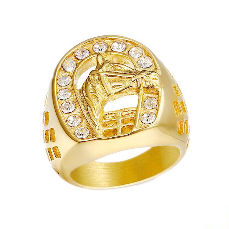 Titanium Steel Gold Plated Diamond Horse Head Ring For Men – view 3